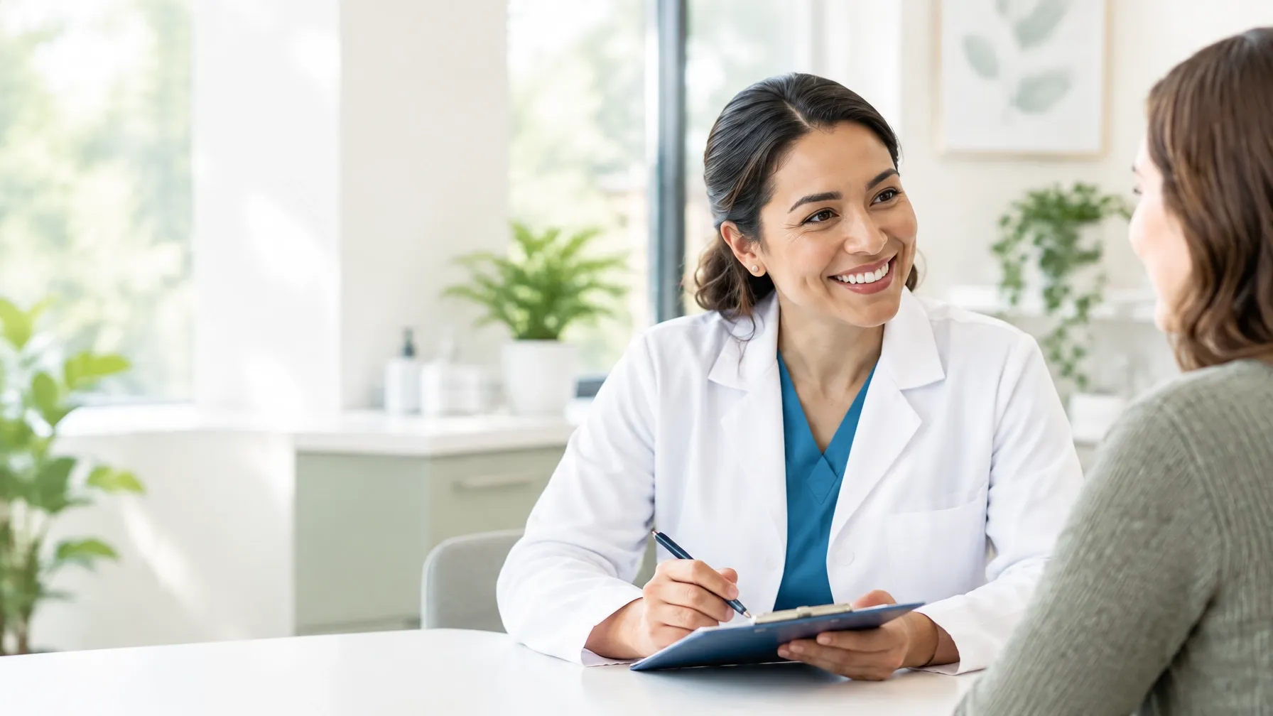A clinician welcomes a client in a bright, comfortable clinic