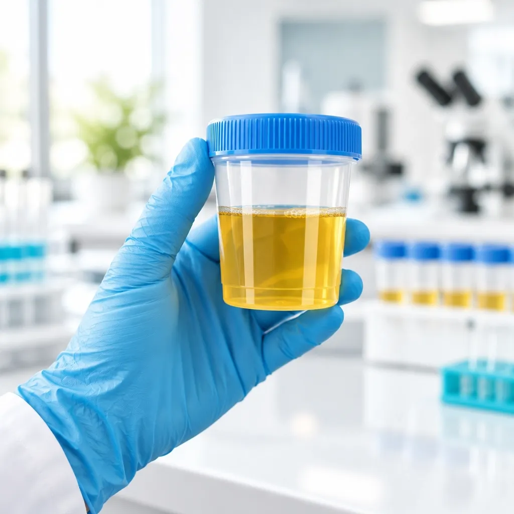 Specimen cup prepared for confidential drug testing